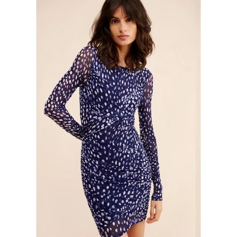 Free People Size L Katana Mini Dress Ruched Blue Printed Long Sleeve Bodycon